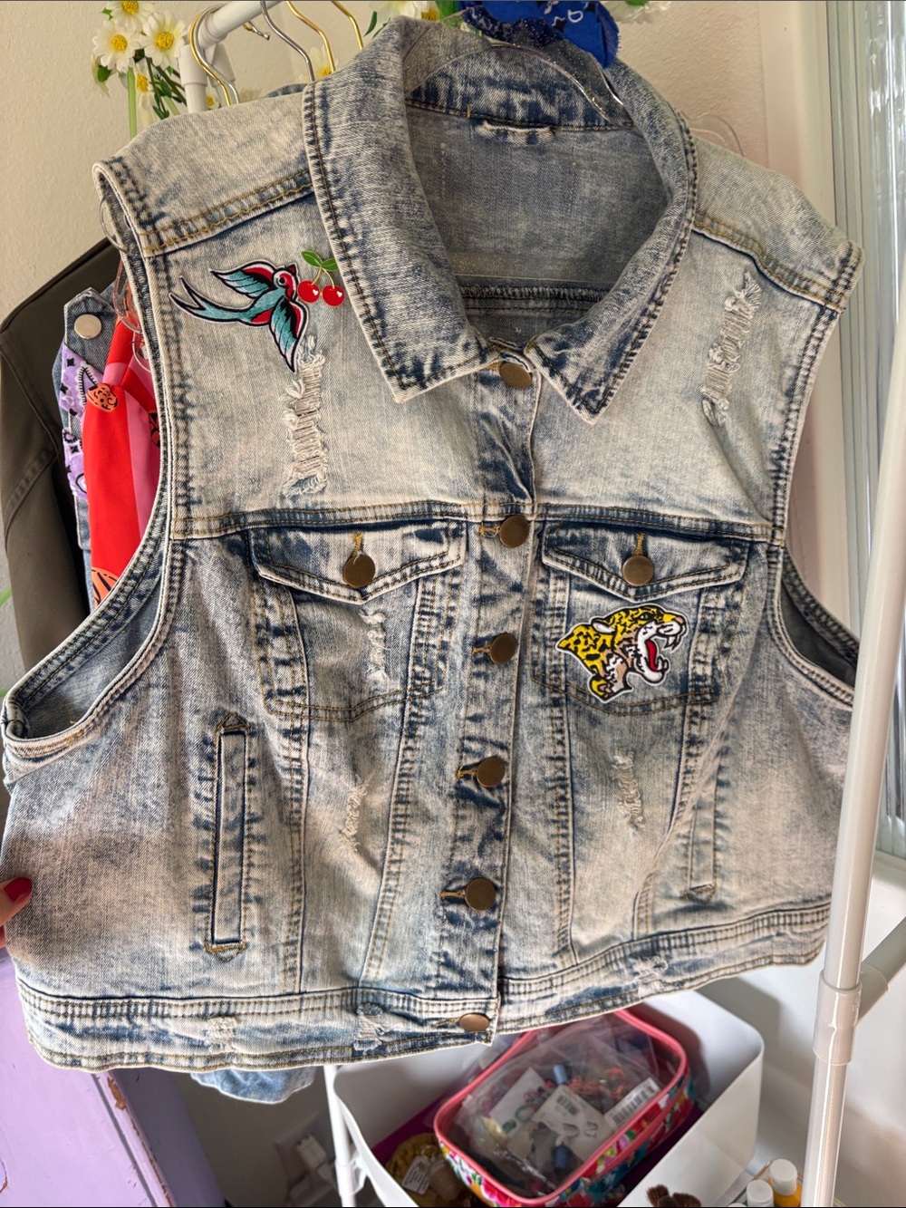 Denim Vest with Embroidered Patches